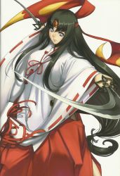 Rule 34 | 10s, 1girl, black hair, blind, dual wielding, female focus, highres, holding, japanese clothes, katana, long hair, miko, official art, queen&#039;s blade, queen&#039;s blade rebellion, smile, solo, sword, tomoe (queen&#039;s blade), weapon, white background