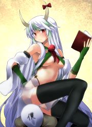 Rule 34 | 1boy, 1girl, alternate costume, bare shoulders, black thighhighs, blush, book, breasts, detached sleeves, ex-keine, fingerless gloves, gloves, green hair, hand on own hip, highres, hip focus, holding, holding book, horn ornament, horn ribbon, horns, kamishirasawa keine, long hair, looking at viewer, multicolored hair, navel, red eyes, ribbon, see-through, sideboob, silver hair, sin sack, sitting, sitting on person, tetsua rei, thighhighs, touhou, two-tone hair, underboob, very long hair, wide sleeves