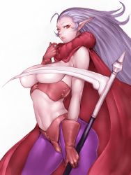 Rule 34 | 1990s (style), 1girl, breasts, cape, chrono (series), chrono trigger, covered erect nipples, fumio (rsqkr), genderswap, genderswap (mtf), gloves, large breasts, long hair, looking at viewer, magus (chrono trigger), pantyhose, pointy ears, purple hair, red eyes, retro artstyle, scythe, simple background, solo, white background