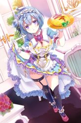 Rule 34 | 1girl, ahoge, alternate costume, black thighhighs, blue eyes, blue hair, blush, bow, bowtie, breasts, brooch, chair, cleavage, clothes lift, door, dutch angle, enmaided, flower knight girl, food, frills, full body, gloves, indoors, ipheion (flower knight girl), jewelry, large breasts, looking at viewer, maid, maid headdress, mary janes, omelet, omurice, plate, purple bow, red bow, red footwear, satou satoru, shoes, short hair, skirt, skirt lift, solo, standing, table, thighhighs, white gloves