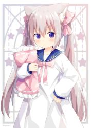 Rule 34 | 1girl, animal ear fluff, animal ears, blue sailor collar, blush, bow, brown hair, cat ears, cat girl, cat tail, closed mouth, commentary request, dress, frilled pillow, frills, hair between eyes, hand on own hip, highres, long hair, long sleeves, looking at viewer, nakkar, hugging object, original, pillow, pillow hug, pink bow, purple eyes, ribbon trim, sailor collar, sailor dress, sleeves past wrists, solo, star (symbol), starry background, tail, tail raised, twintails, very long hair, white dress