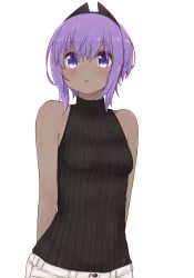 Rule 34 | 1girl, :&lt;, alternate costume, bare arms, bare shoulders, black sweater, breasts, closed mouth, collarbone, covered collarbone, dark-skinned female, dark skin, fate/prototype, fate/prototype: fragments of blue and silver, fate (series), hair between eyes, hassan of serenity (fate), i.u.y, looking at viewer, pants, purple eyes, purple hair, sidelocks, simple background, sleeveless, sleeveless sweater, small breasts, solo, sweater, turtleneck, turtleneck sweater, white background, white pants