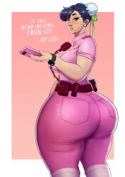 Rule 34 | 1girl, ass, boots, capcom, cellphone, chun-li, earrings, english text, eyeshadow, from behind, highres, huge ass, jewelry, looking at viewer, looking back, looselou art, makeup, pants, phone, pink nails, pink pants, pink shirt, police, police uniform, shirt, smartphone, solo, street fighter, street fighter v, thick thighs, thighs, uniform, wide hips