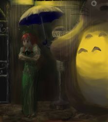 Rule 34 | 1980s (style), aaku, bad id, bad pixiv id, braid, bus stop, china dress, chinese clothes, cold, crossed arms, crossover, dress, hat, hong meiling, retro artstyle, rain, red hair, retro artstyle, tonari no totoro, totoro, touhou, translated, twin braids, umbrella, wet