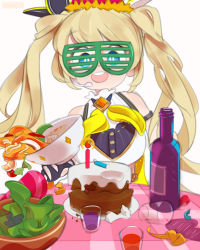 Rule 34 | 1girl, blonde hair, blue eyes, bottle, bowl, breasts, cake, cup, food, headset, highres, looking at viewer, medium breasts, nijisanji, nijisanji id, onionsketch, open mouth, salad, shutter shades, smile, solo, spill, twintails, virtual youtuber, wine bottle, zea cornelia