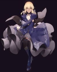 Rule 34 | 1girl, absurdres, artoria pendragon (all), artoria pendragon (fate), bad id, bad pixiv id, black background, black thighhighs, blonde hair, blue footwear, boots, breasts, choker, cleavage, collarbone, dress, fate (series), full body, hair between eyes, high heel boots, high heels, highres, ichinosenen, looking at viewer, medium breasts, parted lips, saber (fate), saber alter, short hair with long locks, sidelocks, simple background, solo, standing, thighhighs, yellow eyes
