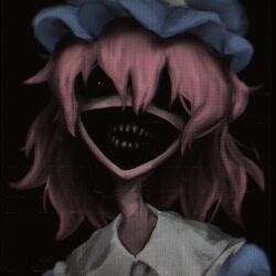 Rule 34 | 1girl, black background, black eyes, blue mob cap, commentary, creepy, english commentary, hair between eyes, hat, hollow eyes, horror (theme), lad der, long neck, looking at viewer, medium hair, mob cap, monster, open mouth, pink hair, portrait, red pupils, saigyouji yuyuko, simple background, smile, solo, teeth, touhou