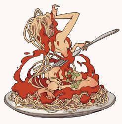 Rule 34 | 1girl, arm up, barefoot, bleeding, blonde hair, blood, closed eyes, completely nude, facing up, food, fork, full body, guro, holding, holding fork, impaled, leaning back, long hair, meremero, nude, original, pasta, personification, plate, simple background, sitting, solo, spaghetti, surreal, very long hair, white background