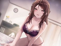 Rule 34 | 1girl, absurdres, alarm clock, bare arms, bedroom, blurry, blurry background, blush, bra, breasts, brown hair, ceiling, cleavage, clock, collarbone, curtains, depth of field, hair between eyes, highres, indoors, kneeling, lace, lace-trimmed bra, lace trim, long hair, looking at viewer, medium breasts, morning, navel, non-web source, open mouth, original, panties, purple bra, purple panties, red eyes, shelf, sidelocks, smile, solo, underwear, underwear only, wall clock, yufou