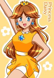 Rule 34 | 1girl, absurdres, bare shoulders, blue eyes, breasts, brown hair, character name, crown, earrings, flower, flower earrings, grin, hand up, happy, highres, jewelry, long hair, looking at viewer, mario (series), nintendo, open mouth, orange skirt, princess daisy, skirt, smile, solo, super mario land, tomboy