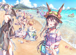 Rule 34 | 1boy, 6+girls, :d, ^ ^, amiya (arknights), animal ears, ansel (arknights), ansel (casual vacation) (arknights), arknights, backless outfit, backless swimsuit, bad id, bad pixiv id, bag, bare arms, bare legs, bare shoulders, beach, beach umbrella, bear ears, black one-piece swimsuit, blonde hair, blue hair, blue ribbon, blue shorts, blue sky, blush, boat, bra strap, breasts, brown hair, ch&#039;en (arknights), ch'en (arknights), closed eyes, cloud, commentary request, cowboy shot, crab, day, dragon horns, dragon tail, dress, ears through headwear, feet out of frame, female tourist a (arknights), female tourist c (arknights), flower, from behind, goggles, goggles on headwear, gummy (arknights), gummy (summer flowers) (arknights), hair between eyes, hand on own hip, hat, hat flower, hermit crab, highres, holding hands, holding own tail, horns, ifrit (arknights), ifrit (sunburn) (arknights), innertube, jacket, jewelry, large breasts, large tail, long hair, medium breasts, mini hat, multiple girls, ocean, off-shoulder shirt, off shoulder, official alternate costume, one-piece swimsuit, open mouth, outdoors, pink hair, pink shirt, pointy ears, ponytail, pov, provence (arknights), puffy short sleeves, puffy sleeves, purple hair, rabbit ears, red flower, red hair, revision, ribbon, ring, sand castle, sand sculpture, shining (arknights), shining (silent night) (arknights), shirt, short shorts, short sleeves, shorts, silver hair, sitting, sky, skyfire (arknights), skyfire (temperature difference) (arknights), sleeveless, sleeveless dress, small breasts, smile, sora (arknights), sora (summer flowers) (arknights), standing, starfish, sun hat, swim ring, swimsuit, tail, thigh strap, thighs, trap, twintails, umbrella, very long hair, vigna (arknights), vigna (casual vacation) (arknights), water, watercraft, white dress, white jacket, wolf ears, wolf tail, yuuki higumo