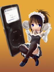 Rule 34 | black thighhighs, digital media player, earbuds, earphones, headphones, ipod, maid, mini person, minigirl, product placement, solo, thighhighs