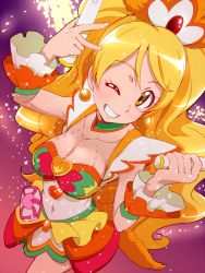 Rule 34 | 10s, 1girl, alternate form, blonde hair, boots, breasts, brooch, cleavage, cure honey, cure honey (coconut samba), earrings, eyelashes, gradient background, hair ornament, happinesscharge precure!, happy, heart, heart brooch, jewelry, large breasts, long hair, looking at viewer, magical girl, midriff, navel, one eye closed, oomori yuuko, ponytail, precure, shirt, smile, solo, tj-type1, wink, wrist cuffs, yellow eyes