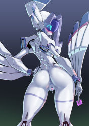 Rule 34 | 1girl, android, anus, ass, blue eyes, blue sclera, blush, breasts, censored, chlorophytum, colored sclera, colored skin, completely nude, condom, condom wrapper, contrapposto, darling in the franxx, from behind, gradient background, grin, hand on own hip, heart, heart censor, highres, holding, holding condom, large breasts, looking back, nude, pochincoff, ponytail, profile, pussy, pussy juice, robot, sideways mouth, smile, solo, visor, white skin