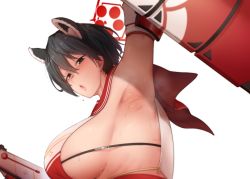 Rule 34 | 1girl, animal ears, armpits, black eyes, black hair, blue archive, breasts, gun, large breasts, looking at viewer, open mouth, shield, short hair, sidelocks, simple background, solo, sweat, toritora, tsubaki (blue archive), weapon, white background