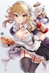 Rule 34 | 2girls, :3, :d, :p, alternate costume, apron, black thighhighs, blonde hair, blush, breasts, broccoli, cleavage, closed eyes, commentary request, detached collar, dress, enmaided, flower, food, food on body, food on breasts, garter straps, genshin impact, hair flower, hair ornament, happy, heart, highres, holding, ichiyume ichiyu, ketchup bottle, large breasts, leaning forward, long hair, looking at another, looking at viewer, lumine (genshin impact), maid, maid apron, maid headdress, medium hair, multiple girls, omelet, omurice, open mouth, paimon (genshin impact), smile, standing, standing on one leg, thigh gap, thighhighs, thighs, tongue, tongue out, twitter username, yellow eyes