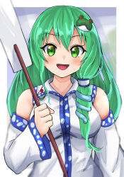 Rule 34 | 1girl, bare shoulders, breasts, detached sleeves, frog hair ornament, gohei, green eyes, green hair, hair ornament, hair tubes, highres, holding, holding stick, houri sh, kochiya sanae, large breasts, long hair, looking at viewer, open mouth, snake hair ornament, solo, stick, touhou