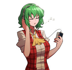 Rule 34 | 1girl, ascot, beamed eighth notes, beamed sixteenth notes, breasts, cassette player, closed eyes, collared shirt, commentary, eighth note, english commentary, green hair, headphones, highres, kazami yuuka, mata (matasoup), medium breasts, musical note, open clothes, open mouth, plaid, plaid vest, red vest, shirt, short sleeves, simple background, sleeves rolled up, solo, spoken musical note, touhou, upper body, vest, walkman, wavy hair, white background, white shirt, yellow ascot