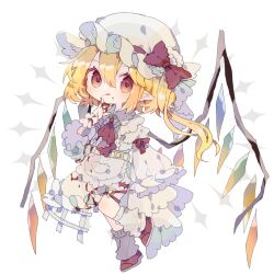 Rule 34 | 1girl, blonde hair, blood, blood on clothes, blood on face, blood on hands, blush, closed mouth, crystal, flandre scarlet, frilled sleeves, frills, full body, hair between eyes, hat, highres, long hair, mob cap, nikorashi-ka, one side up, red eyes, red footwear, shirt, shoes, simple background, skirt, sleeves past fingers, sleeves past wrists, socks, solo, tongue, tongue out, touhou, white background, white hat, white shirt, white skirt, white socks, wide sleeves, wings