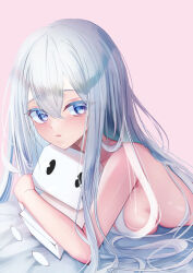 Rule 34 | blue eyes, breasts, colored skin, colorful palette, highres, hugging doll, hugging object, long hair, looking at viewer, medium breasts, messy hair, no bra, no shirt, nude, on bed, open mouth, pink background, project sekai, sega, white bed, white hair, white skin, yoisaki kanade