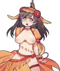 Rule 34 | 1girl, asphyxiation, breasts, brown hair, earrings, fate/grand order, fate (series), hanged, highres, hoop earrings, jewelry, kennymoney, large breasts, long hair, long skirt, mata hari (fate), navel, nipples, noose, open mouth, orange skirt, peril, puffy short sleeves, puffy sleeves, rope, short sleeves, simple background, skirt, solo, tearing up, white background