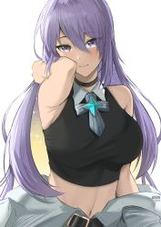 Rule 34 | 1girl, absurdres, bare shoulders, blush, breasts, byeon dha, choker, commentary, hair between eyes, hand up, highres, hololive, hololive indonesia, large breasts, long hair, looking at viewer, moona hoshinova, multicolored hair, navel, purple hair, smile, solo, starry hair, tank top, two-tone hair, virtual youtuber