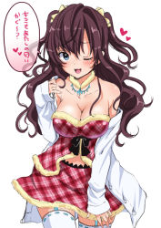 Rule 34 | 10s, 1girl, bare shoulders, blue eyes, blush, breasts, brown hair, cleavage, dress, finger to mouth, garter straps, ichinose shiki, idolmaster, idolmaster cinderella girls, large breasts, long hair, looking at viewer, navel, off shoulder, one eye closed, smile, solo, text focus, thighhighs, tottoto tomekichi, translated, wink