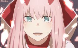 Rule 34 | 10s, 1girl, :d, aqua eyes, close-up, darling in the franxx, dirty, dirty face, fire, fire, happy tears, highres, horns, long hair, looking at viewer, no hairband, open mouth, pink hair, portrait, smile, solo, tearing up, tears, teeth, texus, tsurime, twitter username, zero two (darling in the franxx)