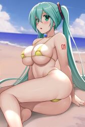 Rule 34 | 1girl, aqua eyes, aqua hair, ass, bare shoulders, beach, bikini, blue sky, blush, breasts, cloud, commentary, gold bikini, hair ornament, hatsune miku, highres, hormone koijirou, large breasts, long hair, looking at viewer, number tattoo, ocean, parted lips, sand, sky, solo, swimsuit, tattoo, thighs, twintails, very long hair, vocaloid, water