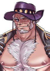 Rule 34 | 1boy, bara, bare pectorals, blue eyes, chest hair, coat, facial hair, goatee, grey hair, hairy, large pectorals, live a hero, male focus, marfik (live a hero), muscular, nipples, old, old man, open clothes, open coat, pectoral focus, pectorals, pikako182, purple headwear, short hair, sideburns, solo, upper body