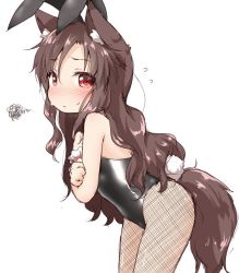 Rule 34 | 1girl, animal ears, bare shoulders, black leotard, black pantyhose, blush, brown hair, covering privates, covering breasts, embarrassed, fake animal ears, fishnet pantyhose, fishnets, from side, imaizumi kagerou, leaning forward, leotard, long hair, natsu no koucha, pantyhose, playboy bunny, rabbit ears, rabbit tail, red eyes, simple background, solo, strapless, strapless leotard, tail, touhou, white background, wolf ears, wolf tail