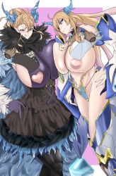 Rule 34 | 1boy, 2girls, absurdres, alternate form, asymmetrical docking, black dress, blonde hair, blue eyes, bonta, breast press, breastless clothes, breasts, breasts out, breasts squeezed together, dress, fingernails, hair down, hand on own hip, heart, heart-shaped pupils, heterochromia, highleg, highleg leotard, highres, horns, huge breasts, imminent penetration, inverted nipples, leotard, licking lips, long hair, looking at another, looking at viewer, mother and daughter, multiple girls, nipples, onizaki kirara, onizaki kirara (future), ponytail, ragnarok sinmara, red eyes, see-through, symbol-shaped pupils, taimanin (series), taimanin rpgx, take your pick, time paradox, tongue, tongue out, very long hair