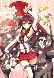 Rule 34 | 10s, 1girl, armpits, brown hair, cherry blossoms, detached sleeves, flower, gunp, hair flower, hair ornament, highres, kantai collection, long hair, looking at viewer, oil-paper umbrella, personification, ponytail, purple eyes, sayagata, shippou (pattern), single thighhigh, solo, thighhighs, umbrella, very long hair, yamato (kancolle)