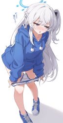 Rule 34 | 1girl, blue archive, blue footwear, blue halo, blue hoodie, blush, braid, commentary, cross-laced footwear, double-parted bangs, french braid, hair between eyes, halo, highres, hood, hood down, hoodie, long hair, long sleeves, looking to the side, miyako (blue archive), miyako (young) (blue archive), nose blush, one side up, open mouth, panties, panty pull, puffy long sleeves, puffy sleeves, pulled by self, purple eyes, pussy juice, pussy juice drip through clothes, pussy juice trail, ripnte, shoes, simple background, sleeves past wrists, solo, sweat, translation request, underwear, unworn panties, wet, wet clothes, wet panties, white background, white hair, white panties
