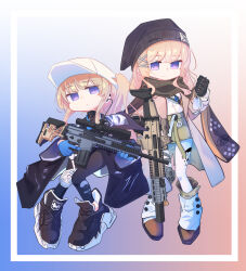 Rule 34 | 1girl, 2girls, assault rifle, baseball cap, beanie, black coat, black footwear, black leggings, black scarf, black shirt, blonde hair, blue gloves, boots, border, breasts, brown coat, brown hair, character name, chibi, clenched hand, cloak, closed mouth, coat, earrings, fanny pack, fn scar, fn scar 16, fn scar 17, girls&#039; frontline, gloves, green skirt, gun, hat, headphones, hexaa, highres, holding, holding dog tags, holding weapon, jewelry, knee pads, leggings, long hair, long sleeves, looking at viewer, medium breasts, multiple girls, off shoulder, optical sight, pantyhose, ponytail, purple eyes, rifle, scar-h (girls&#039; frontline), scar-l (girls&#039; frontline), scarf, scope, shirt, shirt tucked in, shoes, single knee pad, skirt, smile, suppressor, trigger discipline, turtleneck, two-tone background, weapon, white border, white headwear, white pantyhose, white shirt, wide sleeves