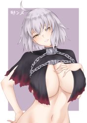 Rule 34 | 1girl, ahoge, bare shoulders, blush, breasts, cleavage, collarbone, crimecrime, fate/grand order, fate (series), hair between eyes, highres, jeanne d&#039;arc (fate), jeanne d&#039;arc alter (avenger) (fate), jeanne d&#039;arc alter (fate), large breasts, looking at viewer, purple background, short hair, silver hair, solo, yellow eyes