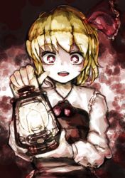 Rule 34 | 1girl, blonde hair, hair ribbon, highres, lantern, looking at viewer, open mouth, red eyes, ribbon, rumia, short hair, smile, solo, touhou, upper body, wasabisuke