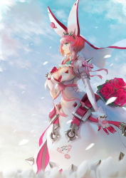 Rule 34 | 1girl, absurdres, ahoge, animal ears, belt, breasts, bridal veil, cleavage, closed mouth, cloud, cloudy sky, clover, dress, earrings, elphelt valentine, fake animal ears, field, flower, flower field, four-leaf clover, full body, gloves, guilty gear, guilty gear xrd, hand on own chest, highres, jewelry, large breasts, leaf, looking afar, medium hair, open mouth, petals, pink hair, pink ribbon, rabbit ears, ribbon, rose, sanwood mori, sky, solo, spikes, veil, wedding dress, white gloves, wind