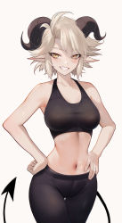 Rule 34 | 1girl, black horns, black tail, blush, borrowed character, breasts, demon tail, hands on own hips, highres, horns, long pointy ears, looking at viewer, medium breasts, original, pants, pointy ears, short hair, smile, solo, sports bra, standing, susan (rakeemspoon), tail, tight clothes, tight pants, torriet, white background, white hair, yellow eyes