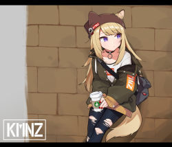 Rule 34 | 1girl, absurdres, against wall, backpack, bag, blonde hair, blue eyes, brick wall, character name, coffee cup, collar, cup, disposable cup, dog tail, expressionless, green jacket, hat, highres, jacket, kmnz, long hair, long sleeves, mc lita, nail polish, nemoga, oversized clothes, partially unbuttoned, paw print, red nails, shirt, tail, torn clothes, torn hat, torn legwear, virtual youtuber, woollen cap