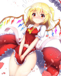 Rule 34 | 1girl, ascot, asymmetrical hair, blonde hair, blush, covering privates, covering crotch, flandre scarlet, flying sweatdrops, hat, unworn hat, unworn headwear, highres, looking at viewer, navel, no panties, petals, red eyes, short hair, side ponytail, skirt, solo, touhou, wind, wind lift, wings, ymd (holudoun)