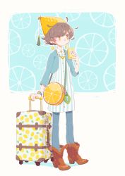 Rule 34 | 1girl, absurdres, bad id, bad pixiv id, bag, blue jacket, boots, brown hair, collared shirt, commentary request, cowboy boots, cropped jacket, denim, drinking, earrings, food, food-themed earrings, food themed earrings, fruit, fruit hat, full body, highres, holding, jacket, jeans, jewelry, juice box, lemon, lemon earrings, lemon print, nail polish, necklace, original, outline, pants, ring, rolling suitcase, shirt, short hair, shoulder bag, solo, sorata123, standing, striped clothes, striped shirt, suitcase, tassel, two-tone background, vertical stripes, watch, white outline, wristwatch, yellow eyes, yellow nails