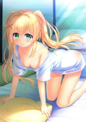 Rule 34 | 1girl, absurdres, all fours, blonde hair, blush, breasts, cleavage, closed mouth, collarbone, downblouse, floating hair, futon, green eyes, hair between eyes, hair intakes, hair ornament, hanging breasts, highres, indoors, long hair, nagayama yuunon, naked shirt, no bra, pillow, shiny skin, shirt, short sleeves, small breasts, smile, solo, summer pockets, sunlight, thigh gap, tsumugi wenders, twintails, very long hair, white shirt, x hair ornament