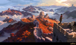 Rule 34 | 1girl, above clouds, arrow (projectile), black hair, blue sky, bow (weapon), cloud, great wall of china, highres, landscape, letterboxed, ling xiang, original, outdoors, quiver, scenery, sky, solo, standing, tower, weapon