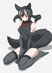 Rule 34 | 1girl, animal ears, aye-aye (kemono friends), bare shoulders, black dress, black gloves, black hair, black scarf, black thighhighs, blonde hair, blush, china dress, chinese clothes, dress, elbow gloves, gloves, hair between eyes, highres, kemono friends, looking at viewer, monkey ears, monkey girl, monkey tail, multicolored hair, no shoes, orange eyes, pink hair, scarf, short hair, sidelocks, sitting, sleeveless, tail, tanabe (fueisei), tearing up, thighhighs, twintails