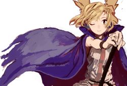 Rule 34 | 1girl, belt, blonde hair, cape, floating hair, motsuni (artist), one eye closed, outstretched arms, parted lips, short hair, sleeveless, solo, touhou, toyosatomimi no miko, white background, wind, yellow eyes