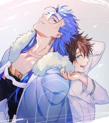 Rule 34 | 2boys, back-to-back, black hair, blue eyes, blue hair, cape, closed mouth, collarbone, cu chulainn (caster) (fate), cu chulainn (fate), earrings, fang, fate/grand order, fate (series), fujimaru ritsuka (male), fur-trimmed hood, fur trim, height difference, hood, hood down, hooded cape, jewelry, long hair, long sleeves, looking at another, looking back, male focus, multiple boys, multiple earrings, multiple piercings, nozawa, open mouth, red eyes, shirt, smile, spiked hair