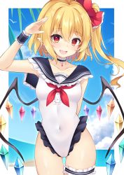 Rule 34 | 1girl, absurdres, arm up, blush, breasts, choker, collarbone, covered navel, crystal, fang, flandre scarlet, gluteal fold, hair between eyes, highres, miy@, one-piece swimsuit, one side up, open mouth, pointy ears, red eyes, red ribbon, ribbon, shiny skin, short hair, side ponytail, small breasts, smile, solo, swimsuit, touhou, white one-piece swimsuit, wings
