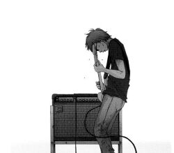Rule 34 | 1boy, black shirt, closed eyes, grey pants, guitar, instrument, looking down, open mouth, pants, shirt, simple background, solanin, solo, taneda naruo, white background