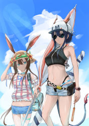 Rule 34 | 2girls, alternate hairstyle, amiya (arknights), animal ears, arknights, bare arms, bare shoulders, baseball cap, beach umbrella, bikini, black bikini, blue eyes, blue hair, blue shorts, blue sky, brown hair, ch&#039;en (arknights), ch'en (arknights), cloud, commentary request, cowboy shot, crop top, day, detached sleeves, dragon horns, dragon tail, ears through headwear, female tourist c (arknights), flower, folded ponytail, food, hair between eyes, hat, hat flower, highleg, highleg bikini, holding, holding food, holding umbrella, horns, horns through headwear, jewelry, lens flare, light rays, long hair, looking at viewer, multiple girls, navel, neck ring, official alternate costume, pouch, puffy short sleeves, puffy sleeves, rabbit ears, rokon, short shorts, short sleeves, shorts, sky, smile, standing, stomach, sun hat, sunglasses, swimsuit, tail, thighlet, thighs, tinted eyewear, umbrella, very long hair, watch, wristwatch